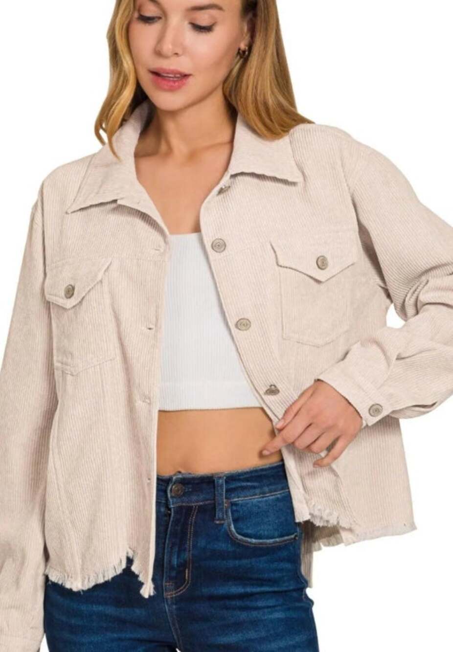 Blue B Collection Ivory Cropped Corduroy Jacket Frayed Raw Hem Boxy Fit L